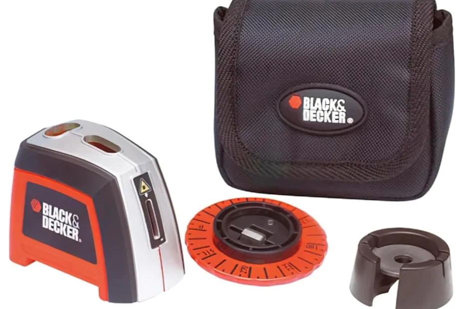 Niveau laser manuel Black+Decker BDL120 orange et gris avec sa housse, son disque gradué et son socle