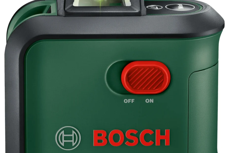 Niveau laser Bosch AdvancedLevel 360 vert vu de face, fenêtre supérieure et interrupteur rouge