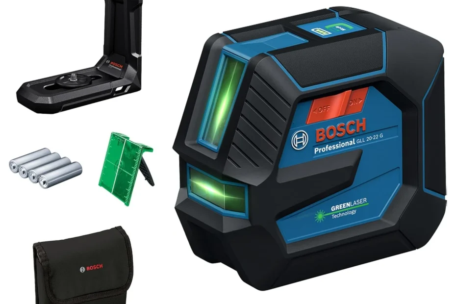 Laser croix vert Bosch GLL 20-22 G Professional avec son support LB 10, sa cible, quatre piles AA et sa housse