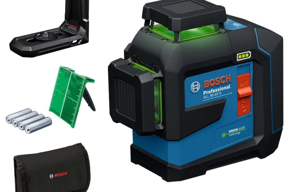 Laser 3D vert Bosch GLL 80-33 G Professional avec son support LB 10, sa cible, quatre piles AA et sa housse