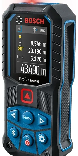 Télémètre laser Bosch GLM 50-27 C bleu et noir, écran couleur affichant trois mesures