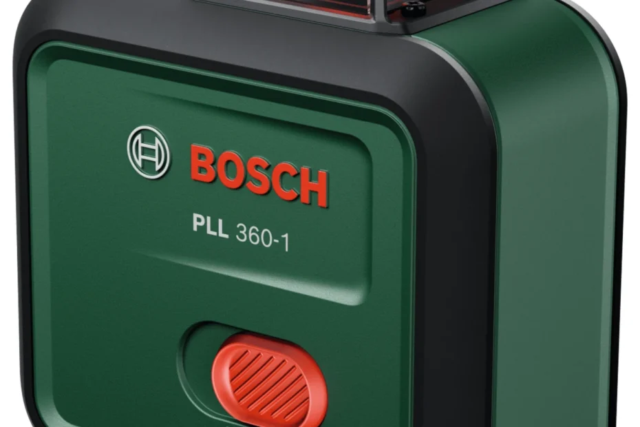 Niveau laser Bosch PLL 360-1 vert foncé vu de trois quarts, fenêtre supérieure et interrupteur rouge