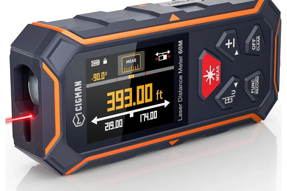 Télémètre laser bilatéral CIGMAN CD-60R noir et orange, écran affichant deux distances et leur total