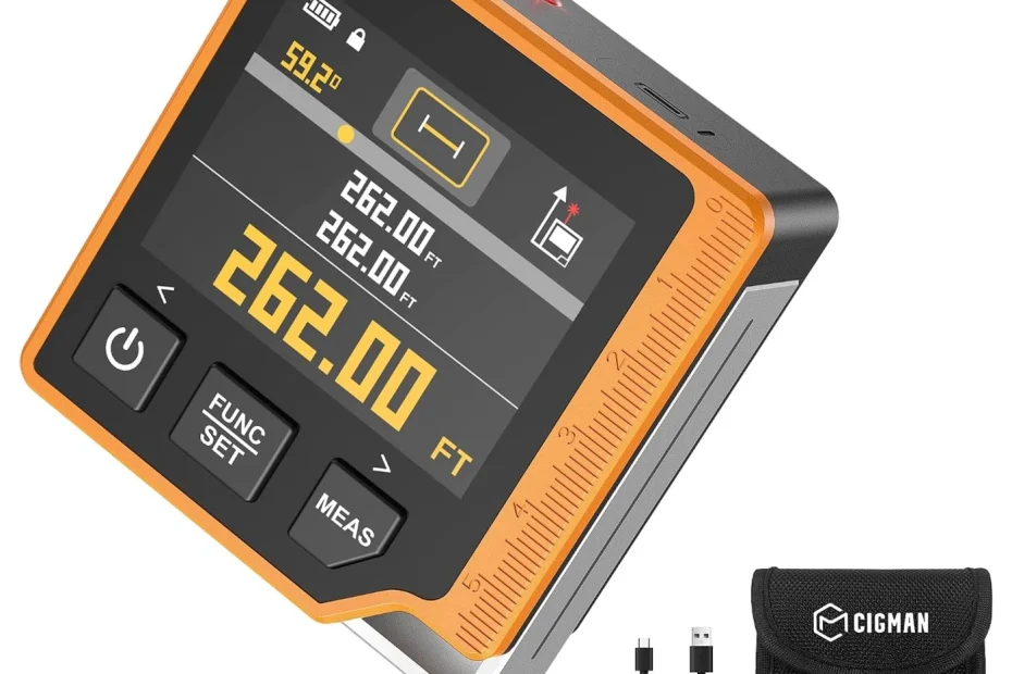 Télémètre laser CIGMAN CD80 orange et noir à écran couleur, avec son câble USB-C et sa housse