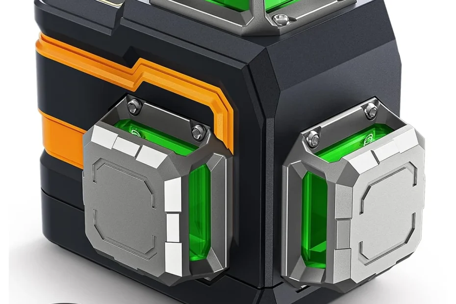 Niveau laser 4D vert CIGMAN CM-S02 avec son étui, sa cible, son support en L, sa mini base et sa télécommande