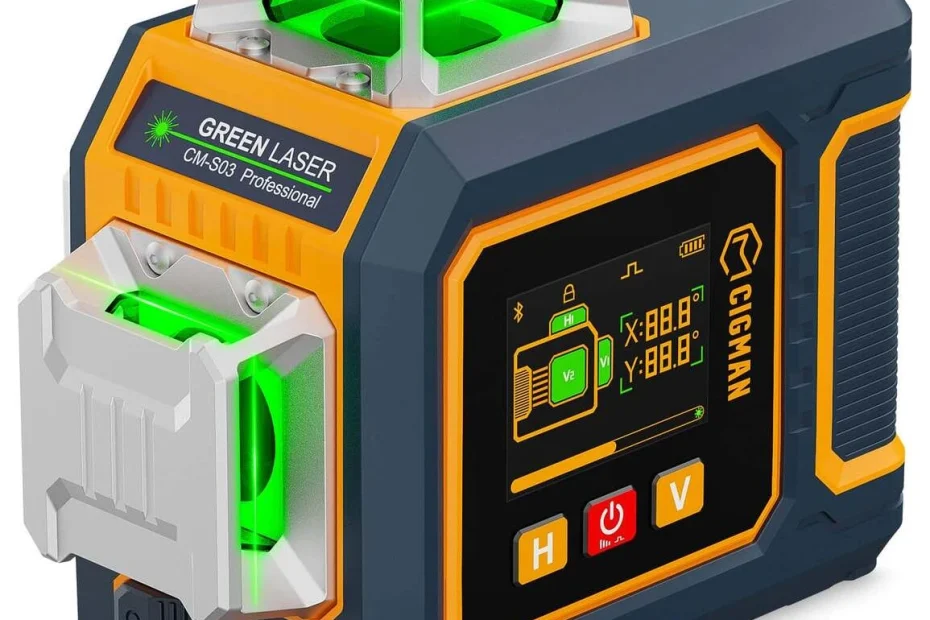 Niveau laser 3D vert CIGMAN CM-S03 gris et orange, écran couleur latéral et fenêtres vertes allumées