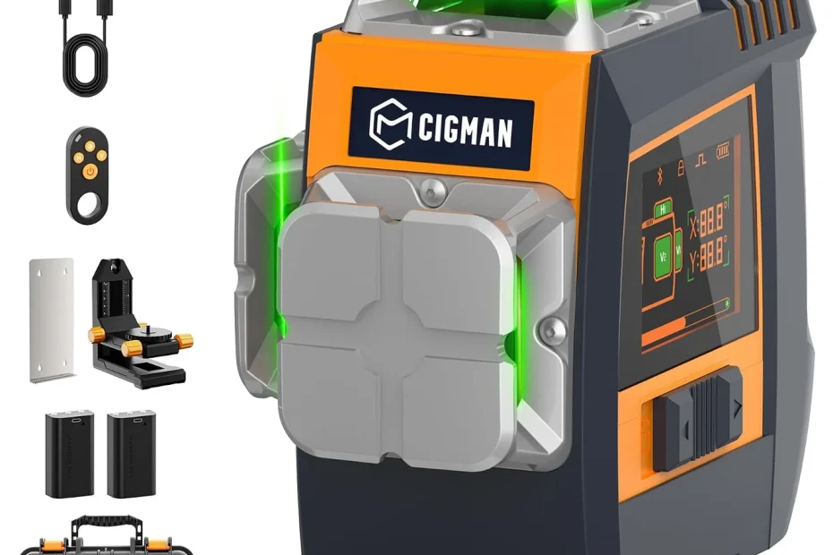 Niveau laser 3D vert CIGMAN CM-S05 gris et orange avec sa cible, sa télécommande, son support, ses batteries et sa mallette