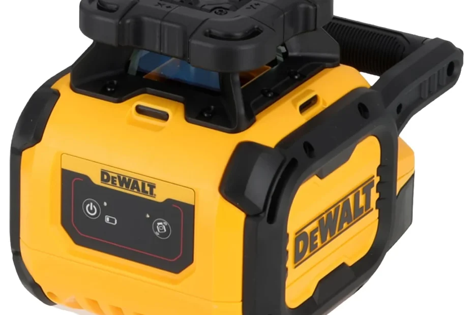 Laser rotatif DeWalt DCLE05211R jaune et noir avec sa poignée de transport, vu de trois quarts