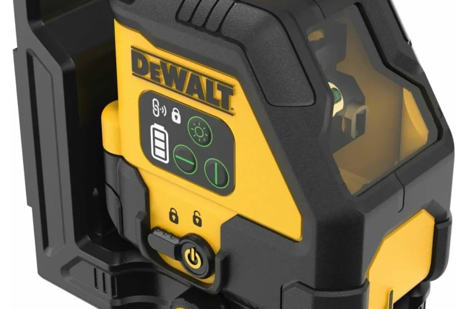Laser croix vert DeWalt DCLE14201GB jaune et noir sur son support magnétique pivotant