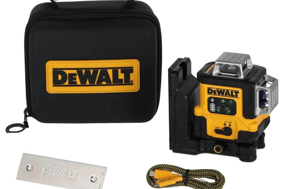Laser 3D vert DeWalt DCLE14361GB sur son support avec son étui souple, son câble USB-C et sa plaque