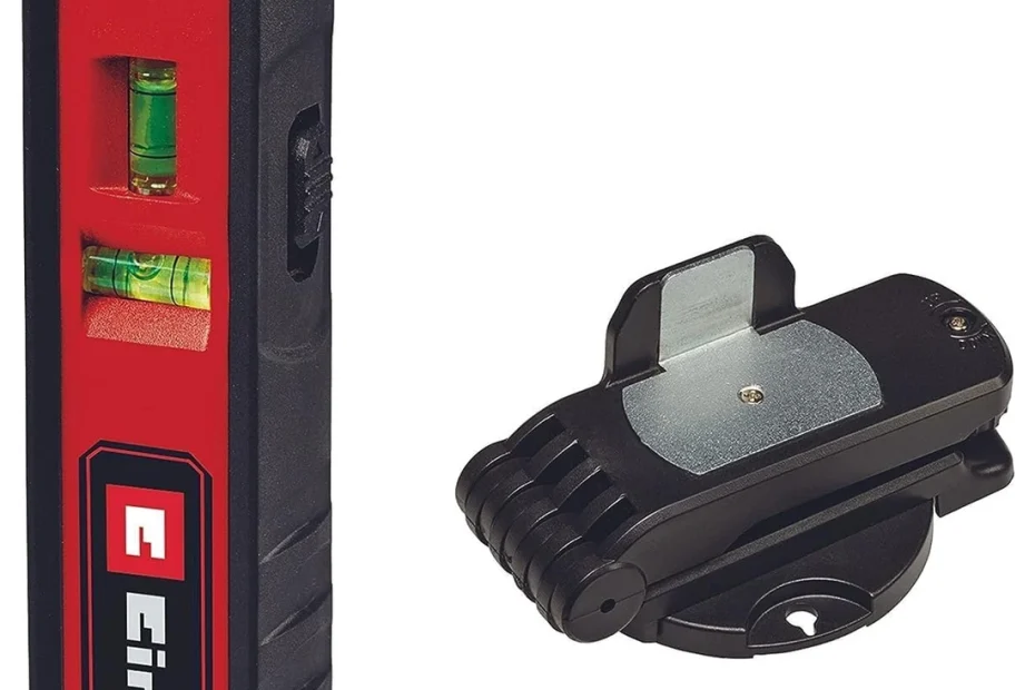 Niveau à bulle laser Einhell TC-LL 1 rouge et noir, deux fioles, à côté de son support mural