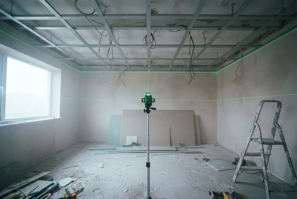 Pièce en rénovation avec l'ossature métallique d'un faux plafond et un laser 360° vert sur perche traçant une ligne tout autour des murs
