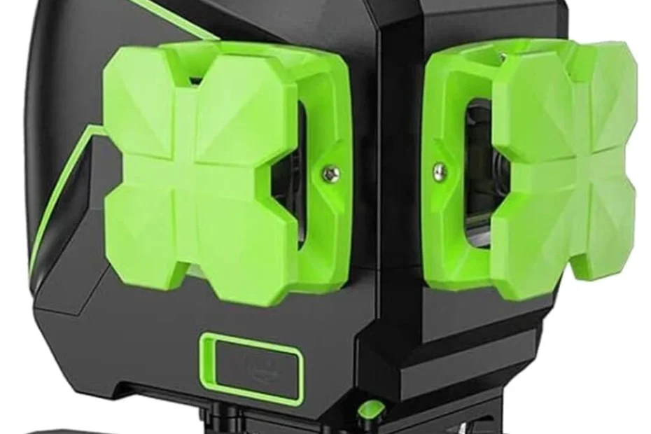 Niveau laser 3D vert Huepar S03DG-LC noir à fenêtres vertes en croix, sur sa base