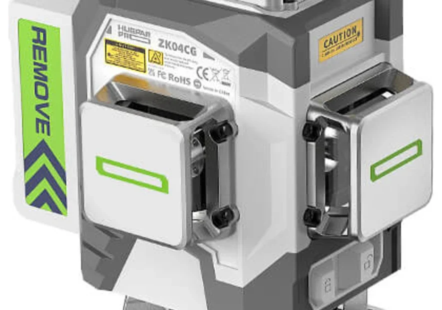 Niveau laser 4D Huepar ZK04CG gris et vert vu de trois quarts, fenêtres métalliques et batterie amovible