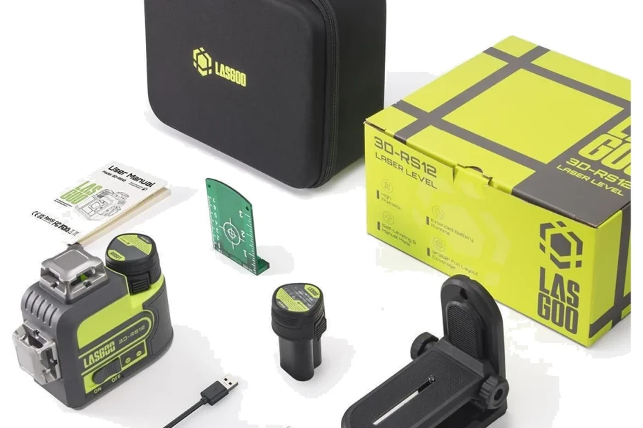 Kit du LasGoo 3D-RS12 : laser 3D vert, sacoche, cible, pack lithium, câble USB-C, support magnétique et boîte