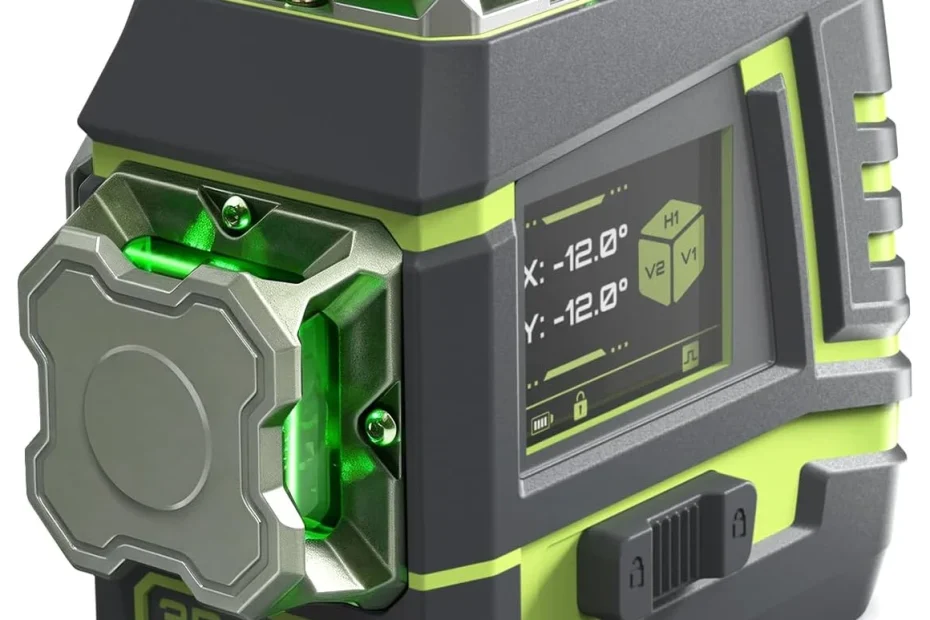 Niveau laser 3D vert LasGoo 3D-Ultra gris et vert anis, écran LCD sur le flanc
