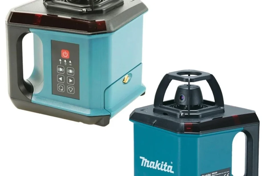 Niveau laser rotatif Makita SKR200Z bleu et noir, vu de face avec son clavier et de trois quarts