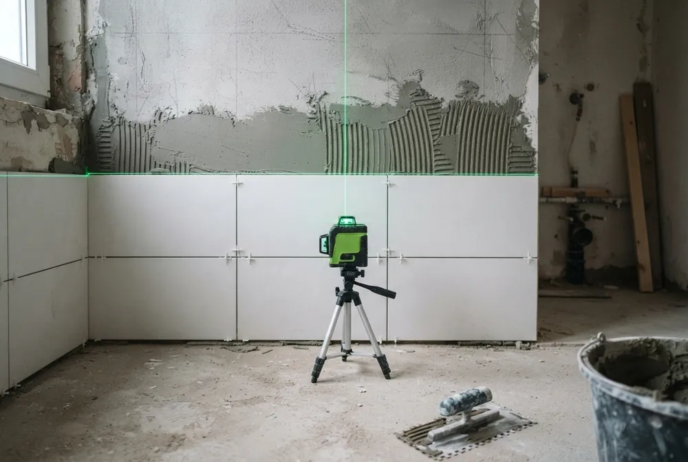 Niveau laser vert sur trépied traçant une ligne horizontale au ras de la dernière rangée de carrelage blanc dans une salle de bains en travaux
