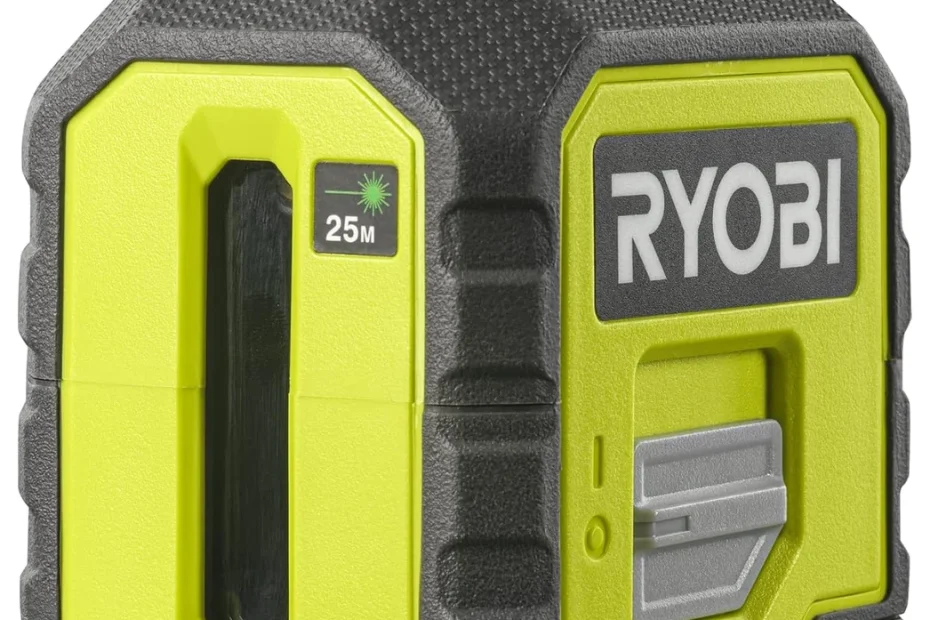 Niveau laser 360° vert Ryobi RB360GLL jaune et gris vu de trois quarts, fenêtre de la verticale et cage de l'horizontale