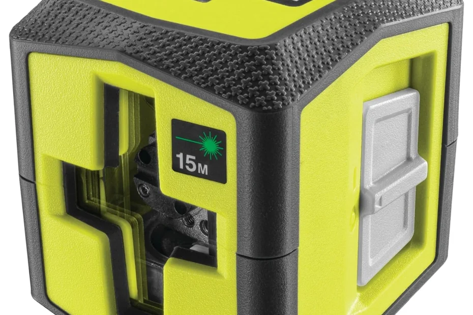 Niveau laser croix vert Ryobi RBCLLG1 jaune et gris, fenêtre en croix et mention 15 m
