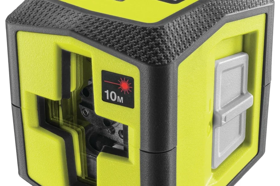 Niveau laser croix rouge Ryobi RBCLLR1 jaune et gris vu de trois quarts, mention 10 m