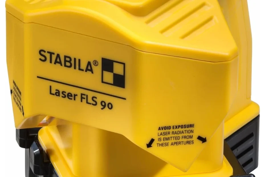 Laser de sol Stabila FLS 90 jaune et noir sur son socle à crampons, deux fioles sur le dessus