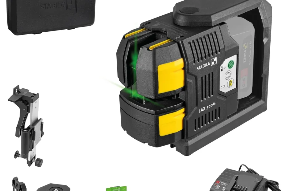 Kit du Stabila LAX 500 G : laser croix vert, coffret, support mural SWB 10, socle SLB 500, cible, batterie CAS et chargeur