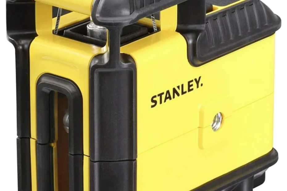 Niveau laser 360° rouge Stanley STHT77504-1 jaune et noir vu de trois quarts, voyant rouge